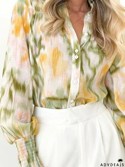 Printed Lantern Sleeve Button Up Shirt