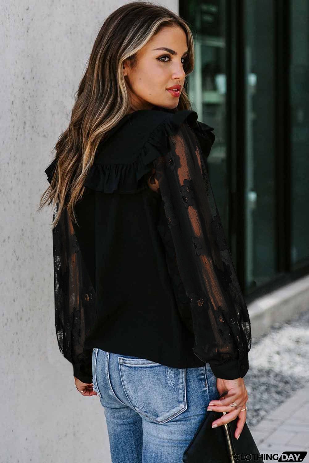 Contrast Sleeve Ruffle Blouse