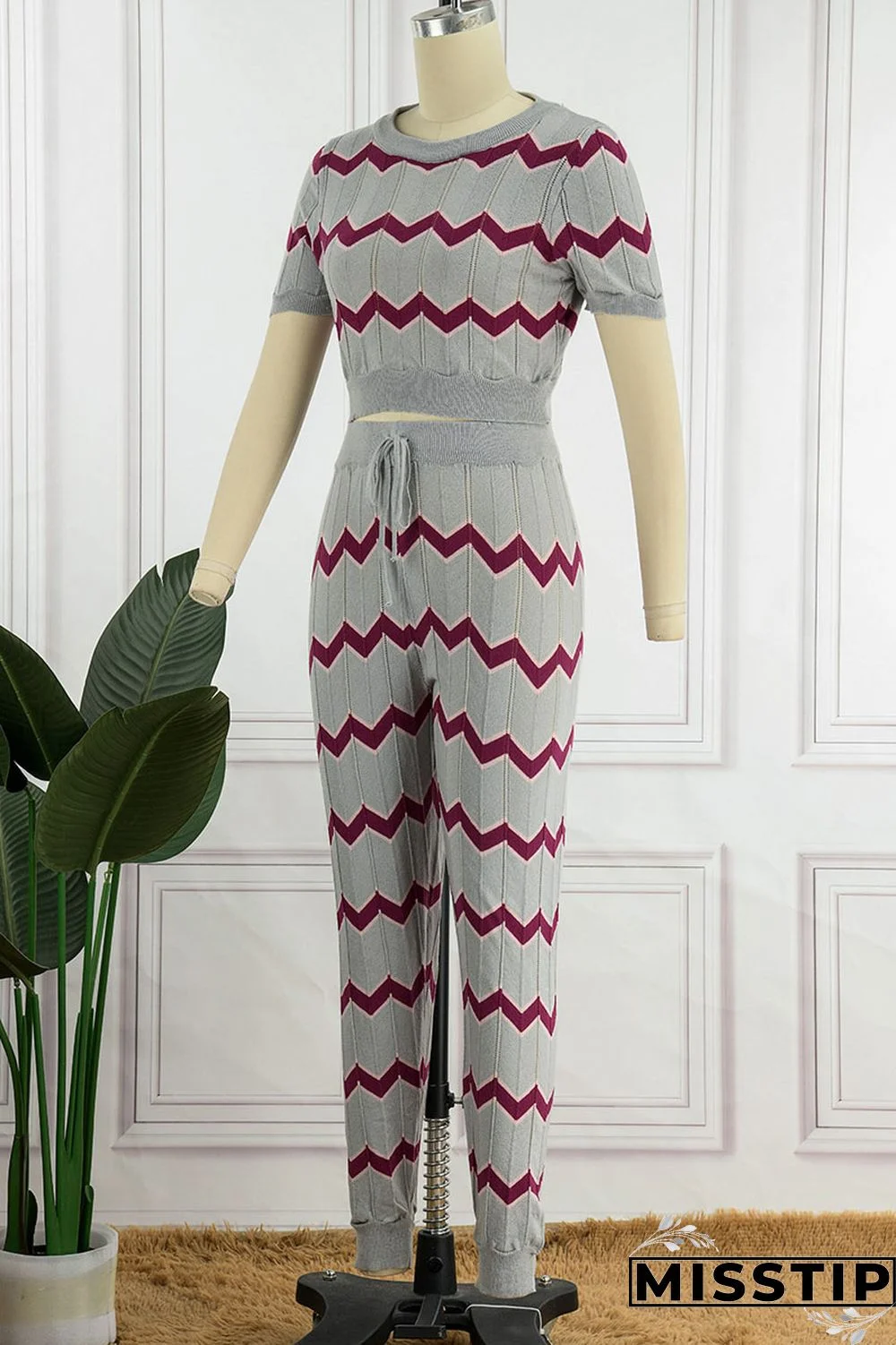 Pink Casual Patchwork O Neck Short Sleeve Two Pieces