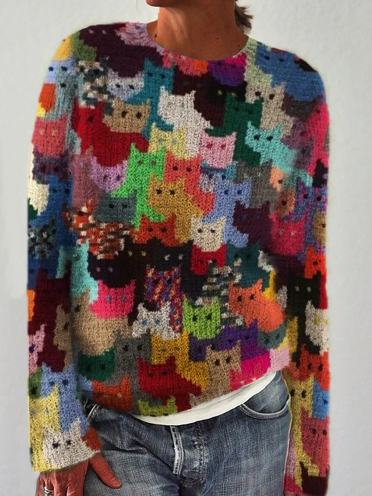 VChics Colorful Cats Knit Art Cozy Sweater