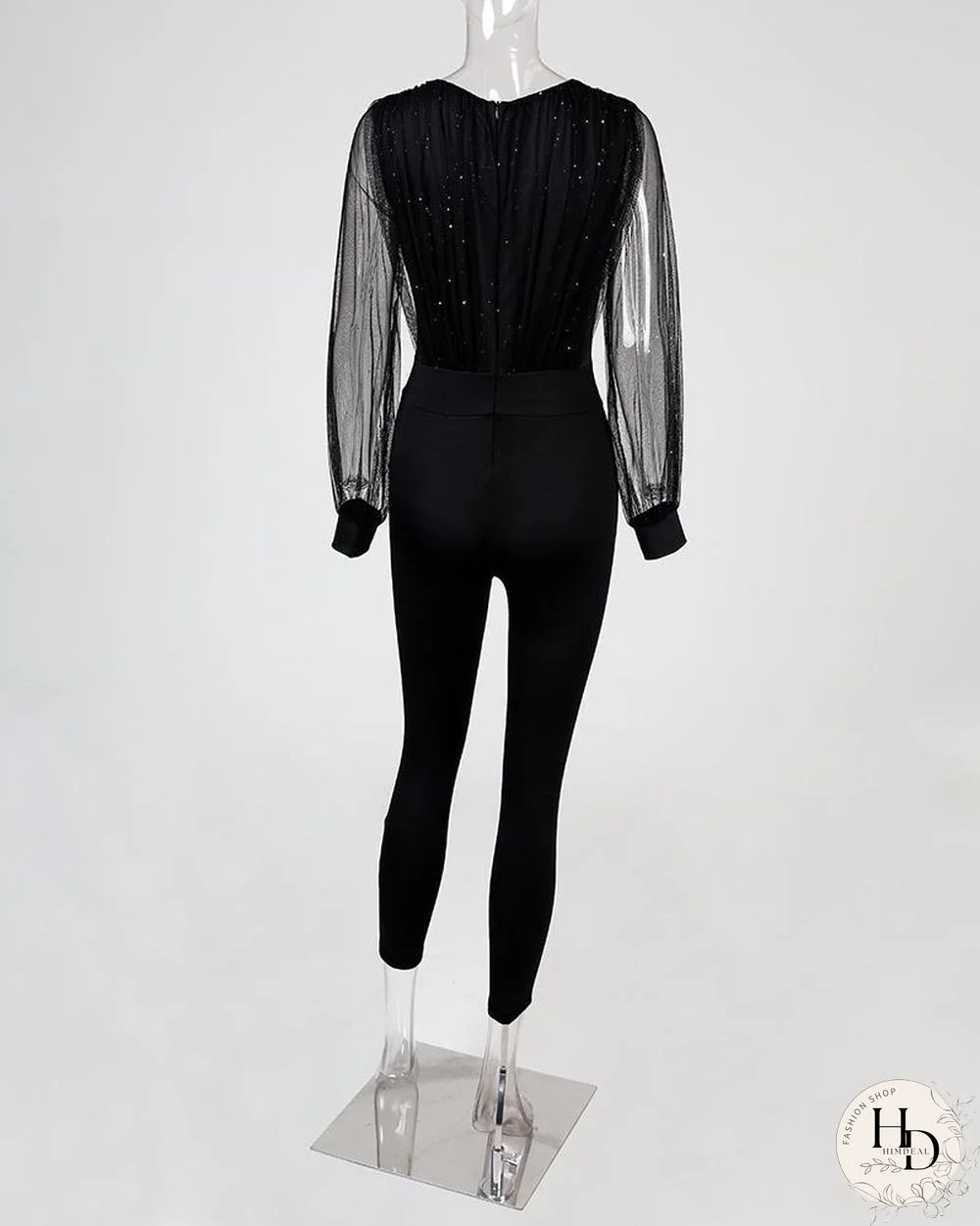 Sheer Mesh Glitter Pocket Design Jumpsuit P14716