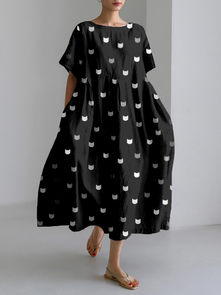 Comstylish Cute Little Kitty Pattern Linen Blend Cozy Maxi Dress