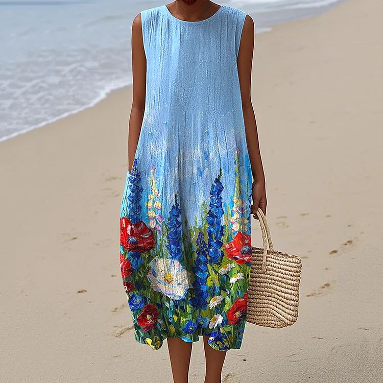 Women's Independence Day Vintage Oil Painting Flowers Print Midi Dress