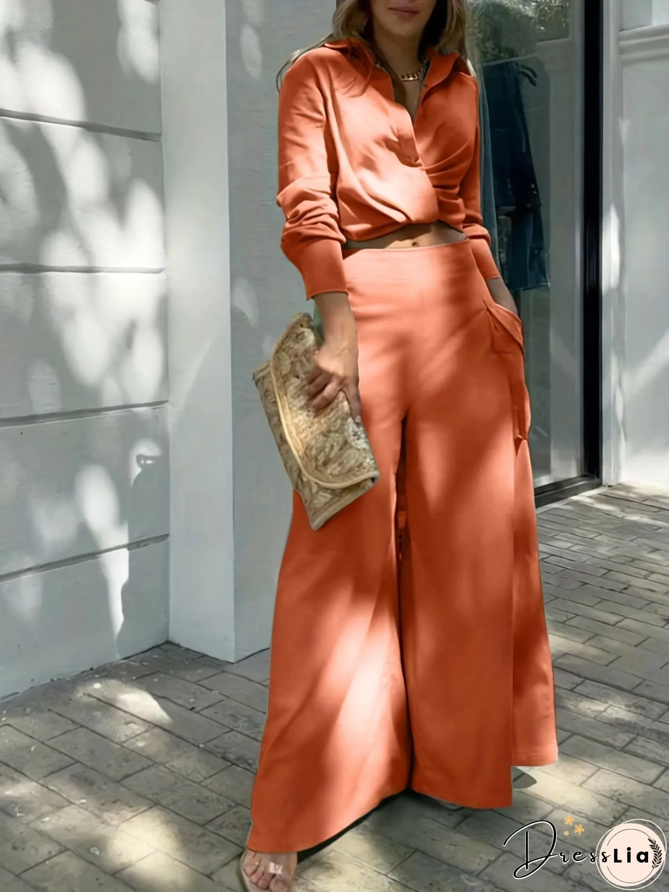 Casual Matching Two-piece Set, Long Sleeve Blouse & Wide Leg Pants Outfits, Women's Clothing