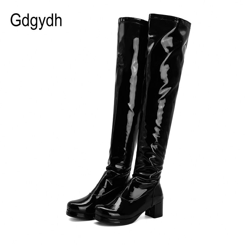 Gdgydh Patent Leather Waterproof Over The Knee Boots Women Candy Colors Green Yellow Fashion Style Long Boots With High Heels