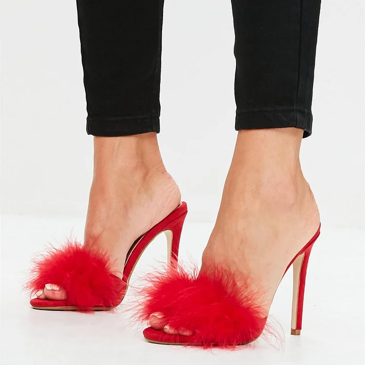 Red Vegan Suede Open Toe Furry Faux Fur High Heel Mules |FSJ Shoes