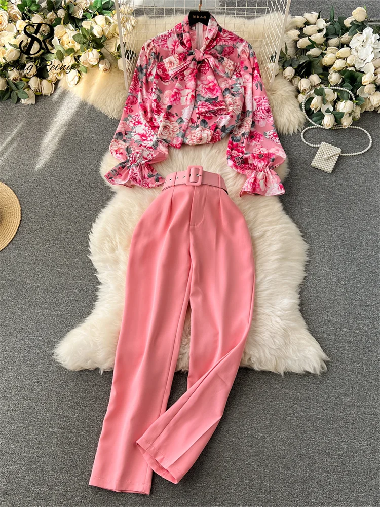 Huibahe Fashion Printed Suits Women Bow Collar Lantern Sleeve Floral Blouse+Belt Solid Long Pants Streetwear Senior Sets