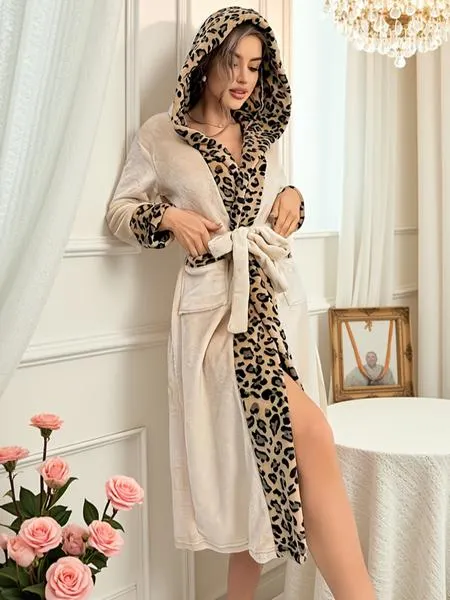 Women's Leopard Print Thermal Lined Bathrobe, Casual Soft Comfortable Long Sleeve Belted Robe, Women's Sleepwear for Fall & Winter Women's Leopard Print Thermal Lined Bathrobe, Casual Soft Comfortable Long Sleeve Belted Robe, Women's Sleepwear for Fall & Winter