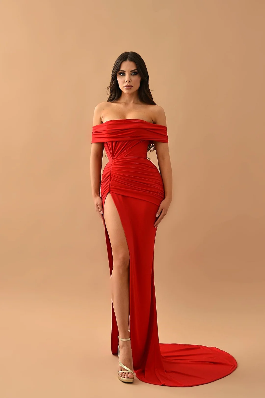 Bellasprom Red Off-the-Shoulder Mermaid Prom Dress Pleats With High Split