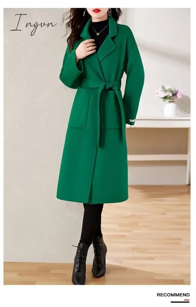 Ingvn - Women Elegant Retro Wool Coat With Belt Winter Warm Overcoat Outwear Plus Size Female