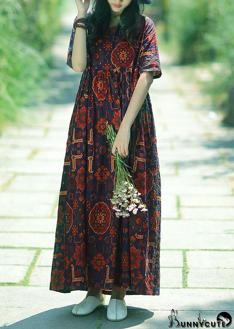 Women dark blue print linen Soft Surroundings o neck Cinched summer Dress