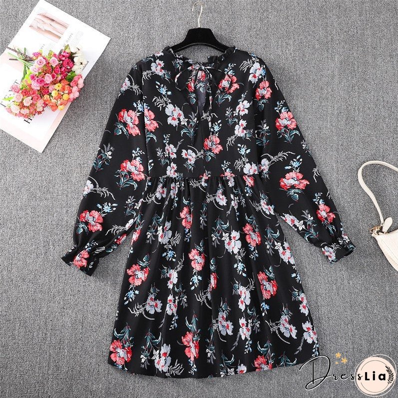Black background small collar fashion leisure high waist A-line skirt temperament autumn and winter dress women's long sleeves