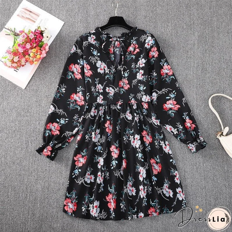 Black background small collar fashion leisure high waist A-line skirt temperament autumn and winter dress women's long sleeves