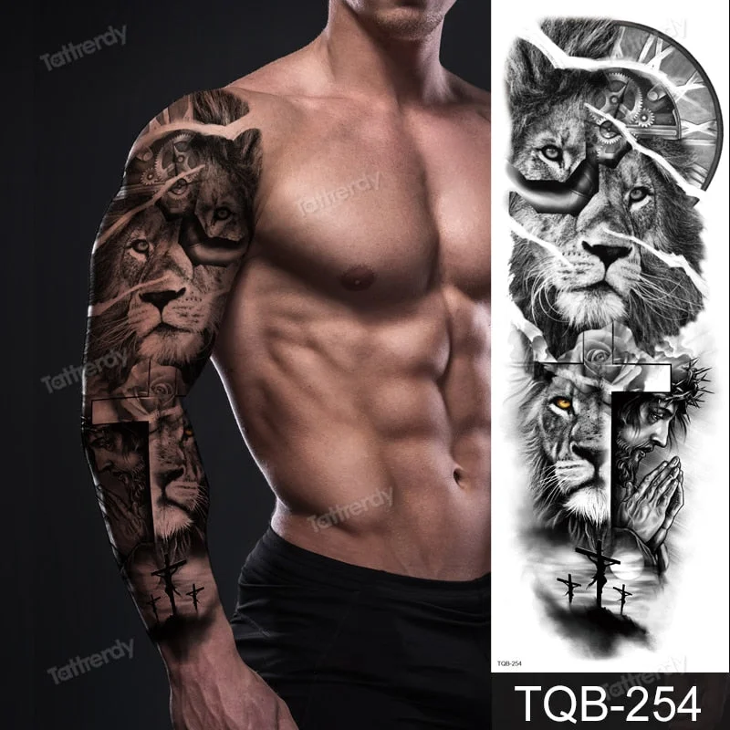 clock lion king fox forest temporary tattoos men sexy body art makeup tattoo sticker black waterproof custom totem maori tatoo