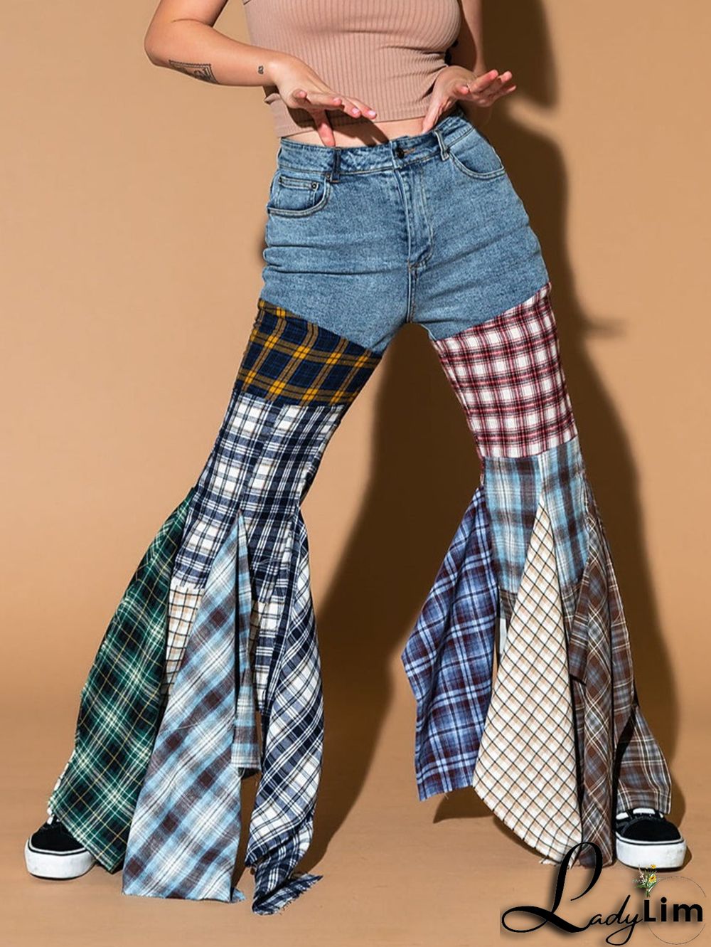 Fashion Plaid Patchwork Denim High Waisted Flared Pants