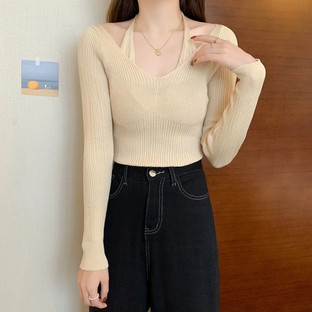 Uveng Uveng Up Spring And Autumn New Chic Sexy Chest Thin Hanging Neck Two Long-Sleeved Knitted Jersey Jersey Elastic Sweater