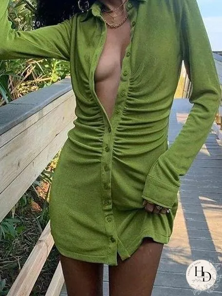 Classy Button Ruched Slim-Fit Shirt Dress