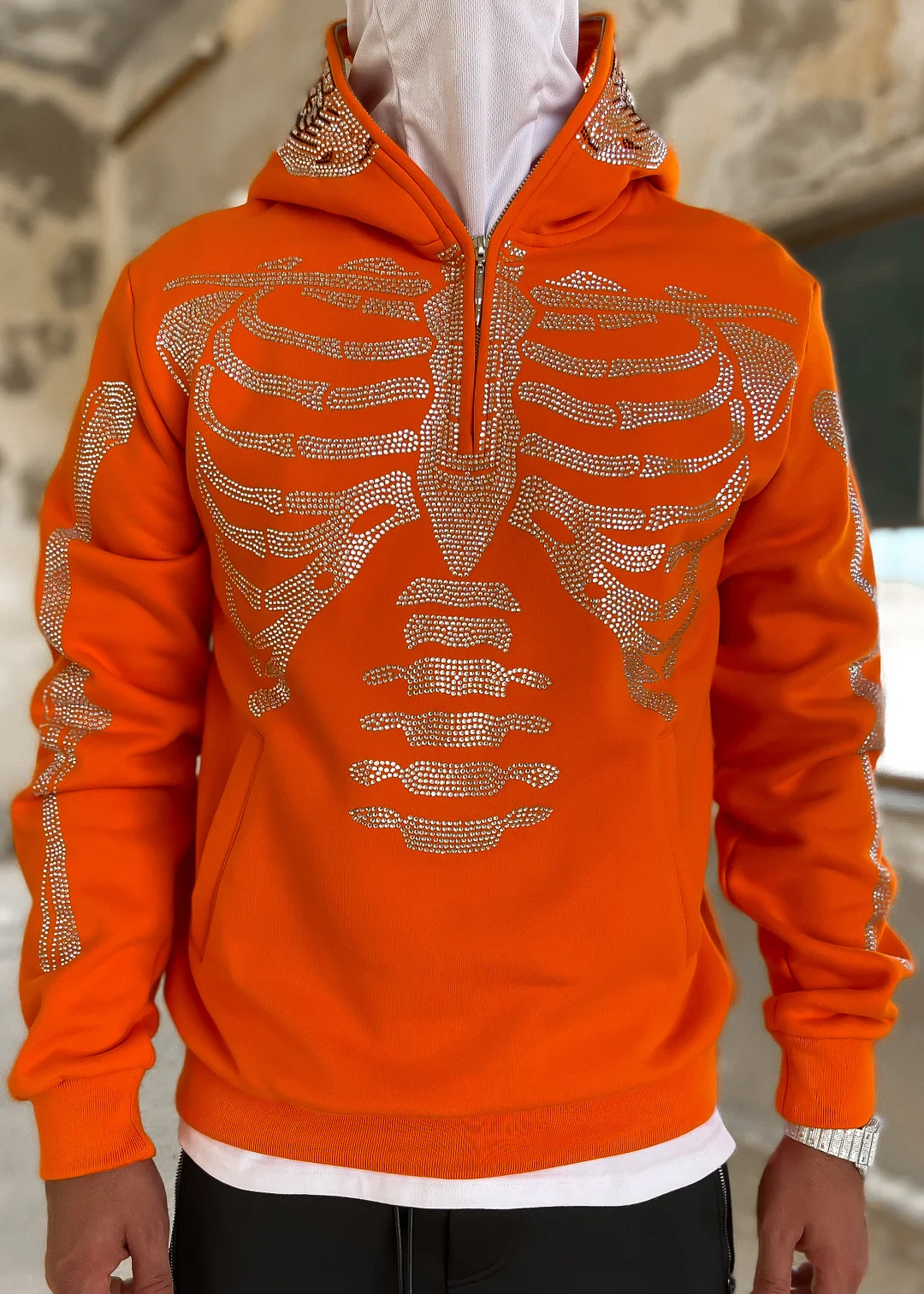 Tiger Orange Skeleton Half Zip Hoodie