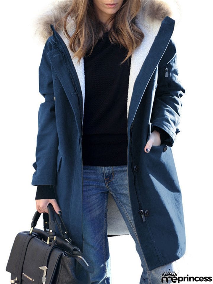 Women's Faux Fur Hooded Mid Length Woolen Coats for Cold Winter