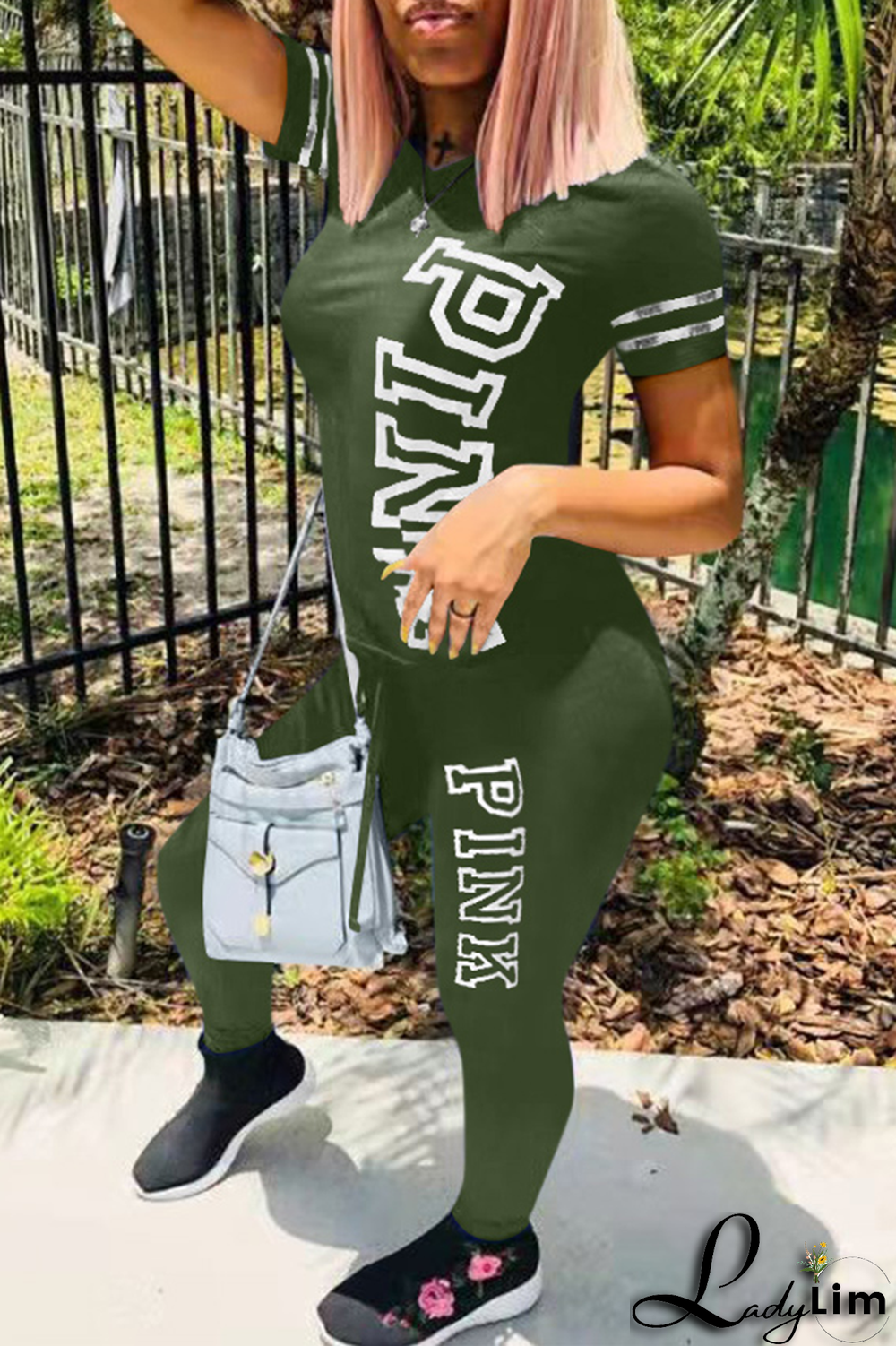 Light Purple Casual Patchwork Letter O Neck Short Sleeve Two Pieces