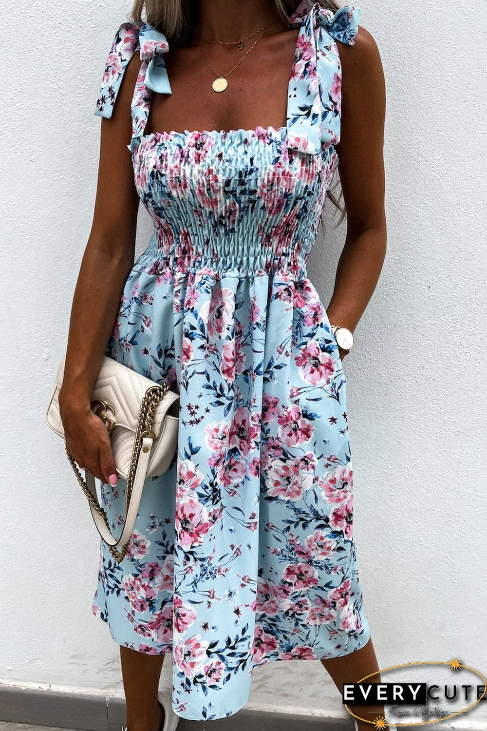 Sky Blue Tie Straps Smocked Floral Dress