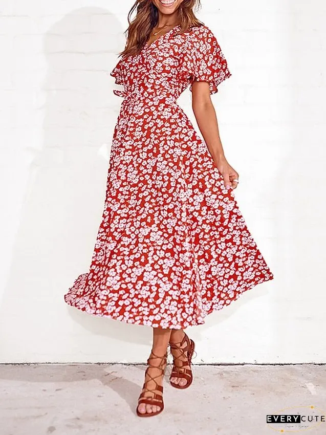 Casual Dress Wrap Line Floral Ditsy Lace Split Neck Midi Fashion Streetwear Outdoor Daily