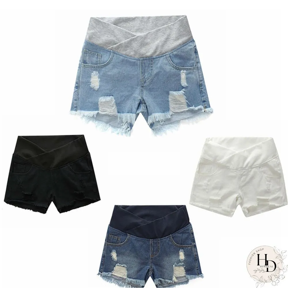 Pregnancy Women's Ripped Denim Shorts Summer Maternity Shorts Pregnant Loose Belly Elastic Jeans