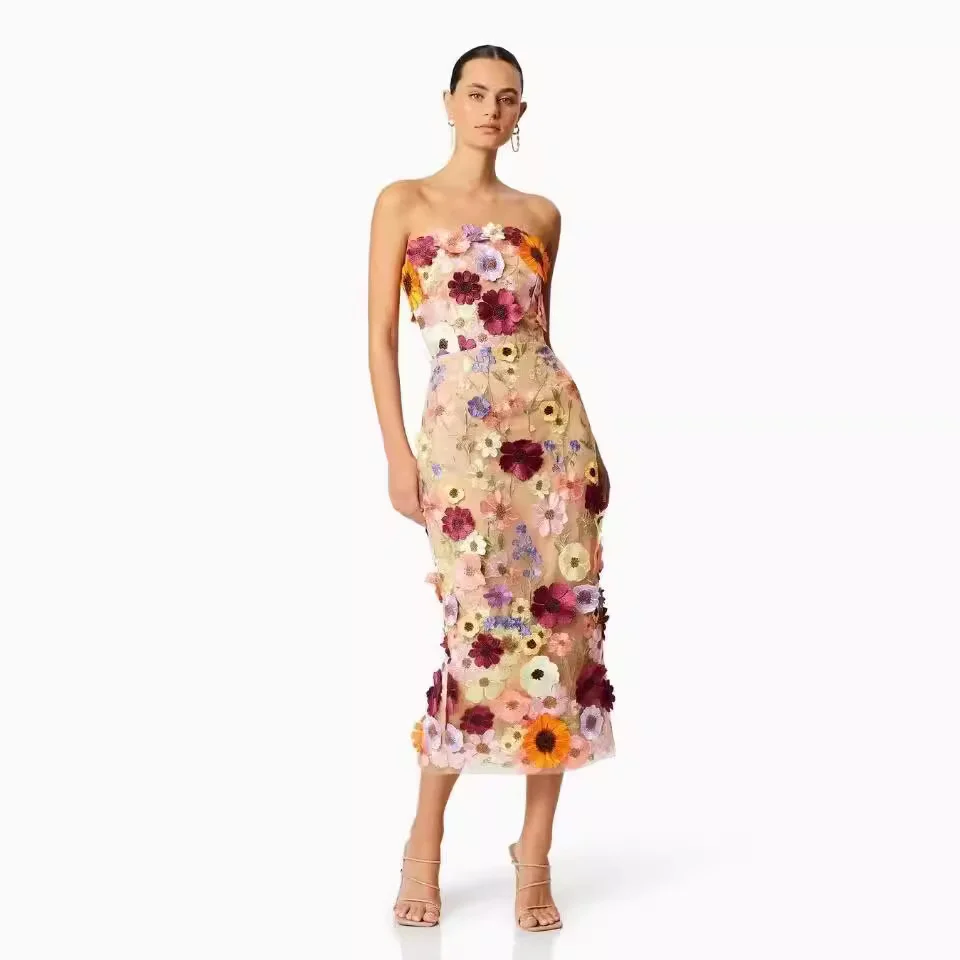 Brownm Brownm Spring Dresses Sexy Sleeveless Colorful Three-Dimensional Flowers Embroidered Dress With Broom And Broom
