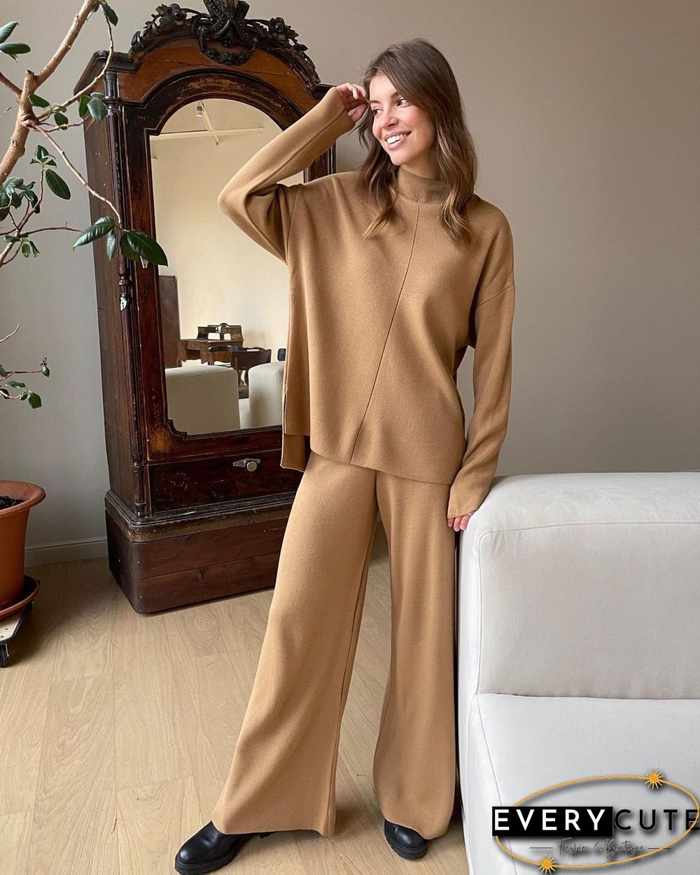 Winter Women Long Sleeve Loose Casual Sweater Knit Top Trousers Set High Neck Solid Color