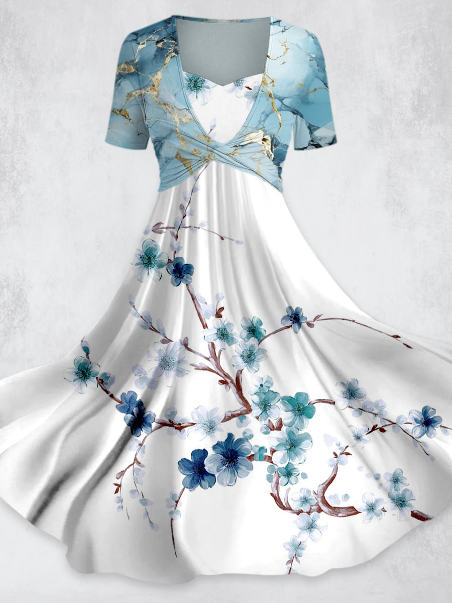 Floral Art Print Vintage Short Sleeve Two-Piece Midi Dress