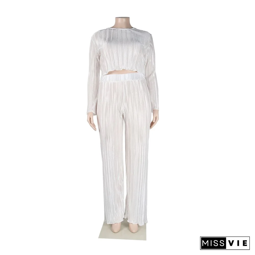 Pleated Loose Blouse Crop Top Wide Leg Pants Outfits