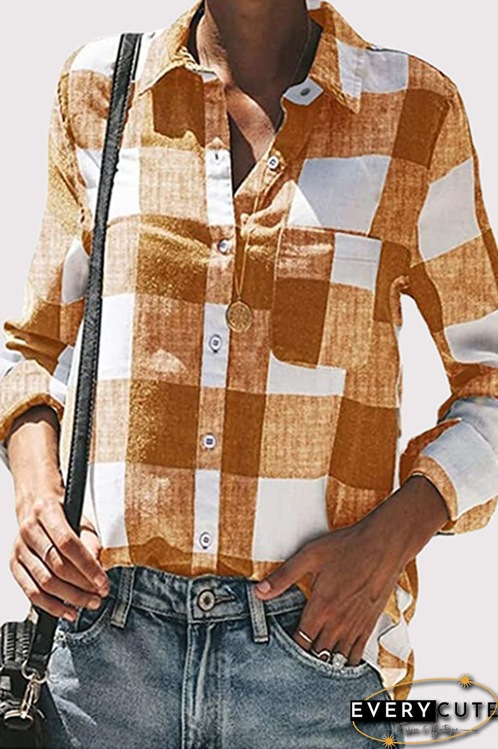 Casual Plaid Pocket Buckle Turndown Collar Tops