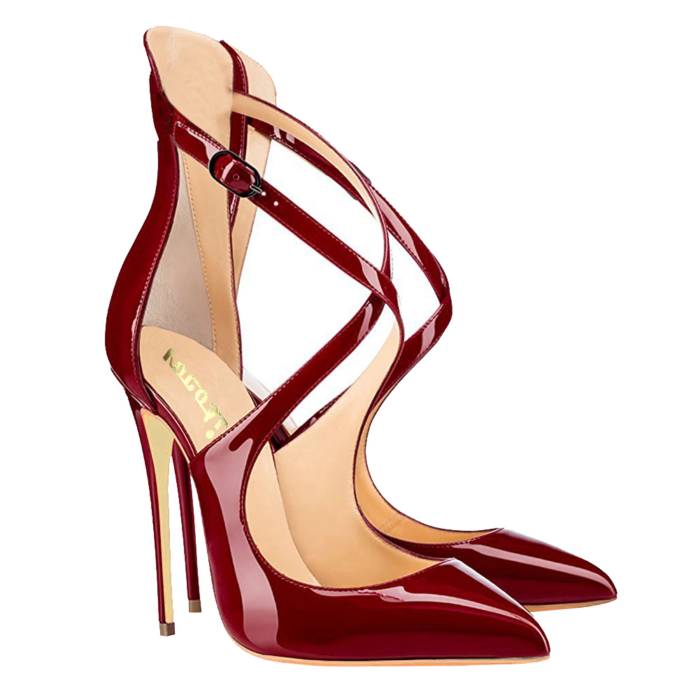 120mm Women's Pointed toe Cross Strap Sexy Cut High Heels Pumps For Party Burgundy-vocosishoes