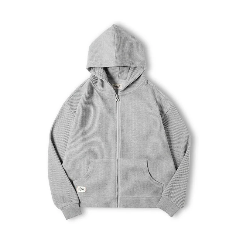 Aonga Autumn Outfits  Japanese Vintage Gray Waffle Hoodies for Men Brand Essential Hooded Sweatshirts Amekaji Loose Sport Jacket Jogger Pullover
