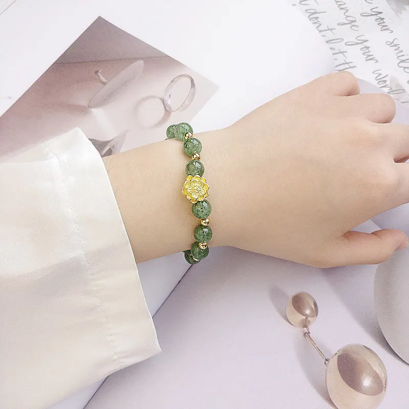Lotus 925 Sterling Silver Green Strawberry Quartz Soothing Bracelet