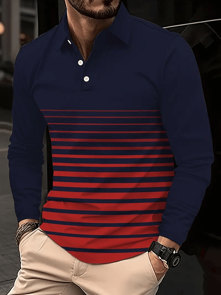 Men's Business Casual Striped Long-Sleeved Polo Shirt