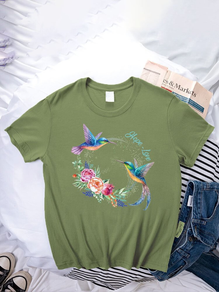 Birds Flower Print O neck Short Sleeve Casual T Shirt For Women P1845097