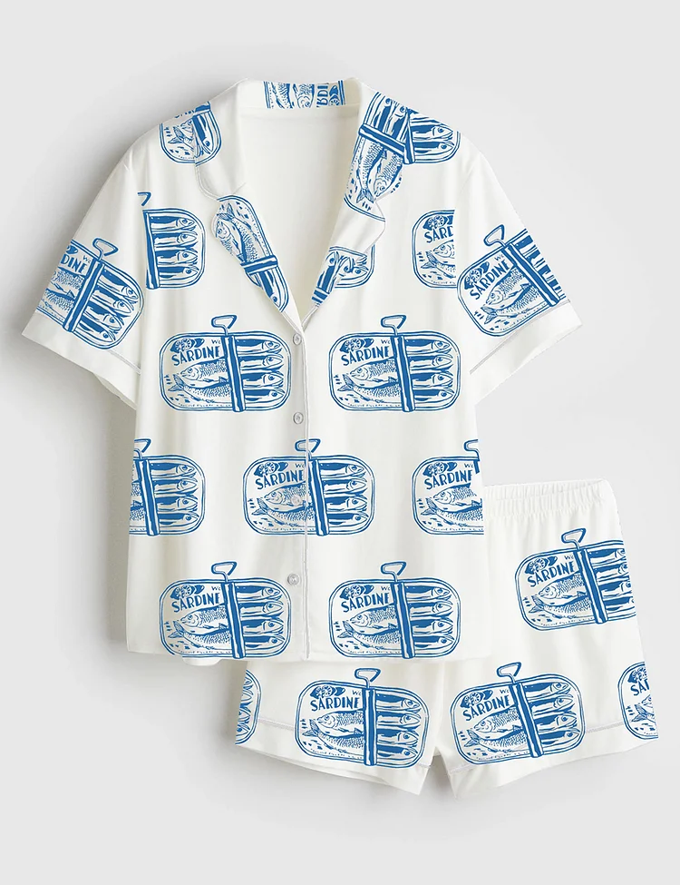 Women&rsquo;s Sardines Tinned Fish Portugal Vintage Sardine Coastal Aesthetic Europe Travel Print Short Sleeve Satin Pajama Set