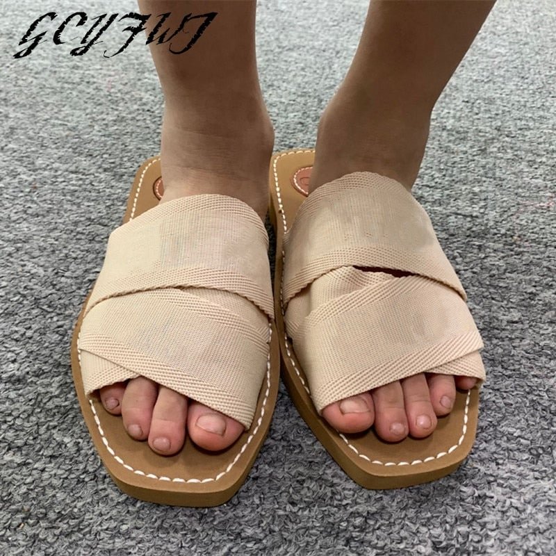 Women Slippers Summer Solid Color Breathable Sewing Open Toe Women Shoes Square Toe Hand-made Slip-on Flat Low Heel Flip Flops