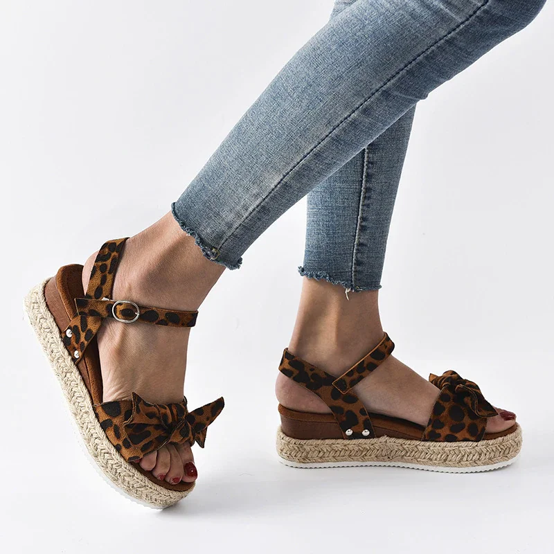 Tanguoant Women's Espadrilles Bow Leopard Sandals Women Platform Summer Thick Bottom Ladies Sandals Women's Shoes Plus size 35-43