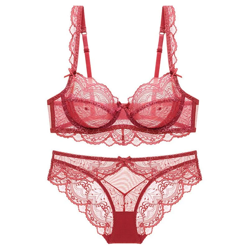TERMEZY Women Ultra-thin Cup Sexy Lace Underwear Transparent Bra Set Lingerie Comfortable Brassiere and Panties Plus Size Set