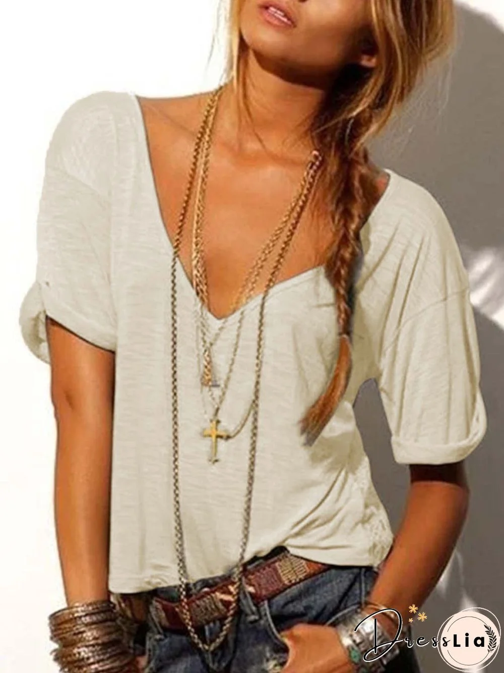 Casual Solid V Neck Shirts & Tops