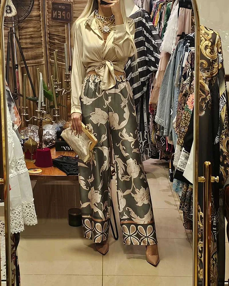 Long-sleeved Lapel Strappy Top and Printed Trousers Two-piece Suit