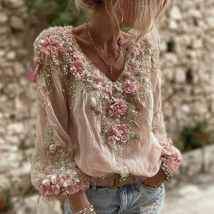Women's Pink Floral Embroidery Art V-neck Long Sleeve Linen Blend T-shirt