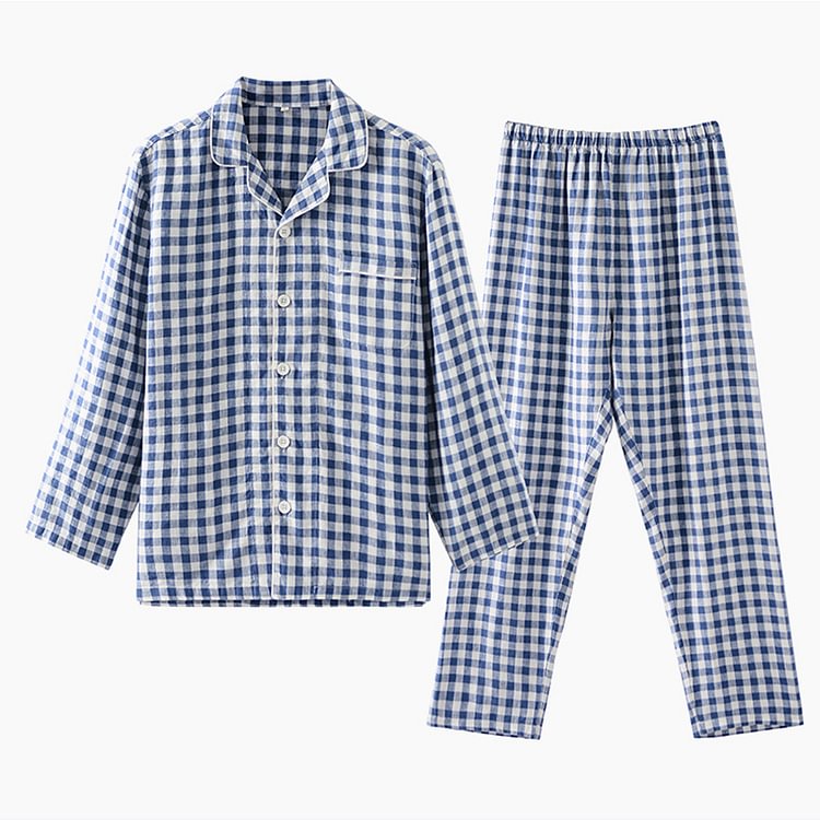 Plaid Linen Pajamas Set For Men-ChouChouHome
