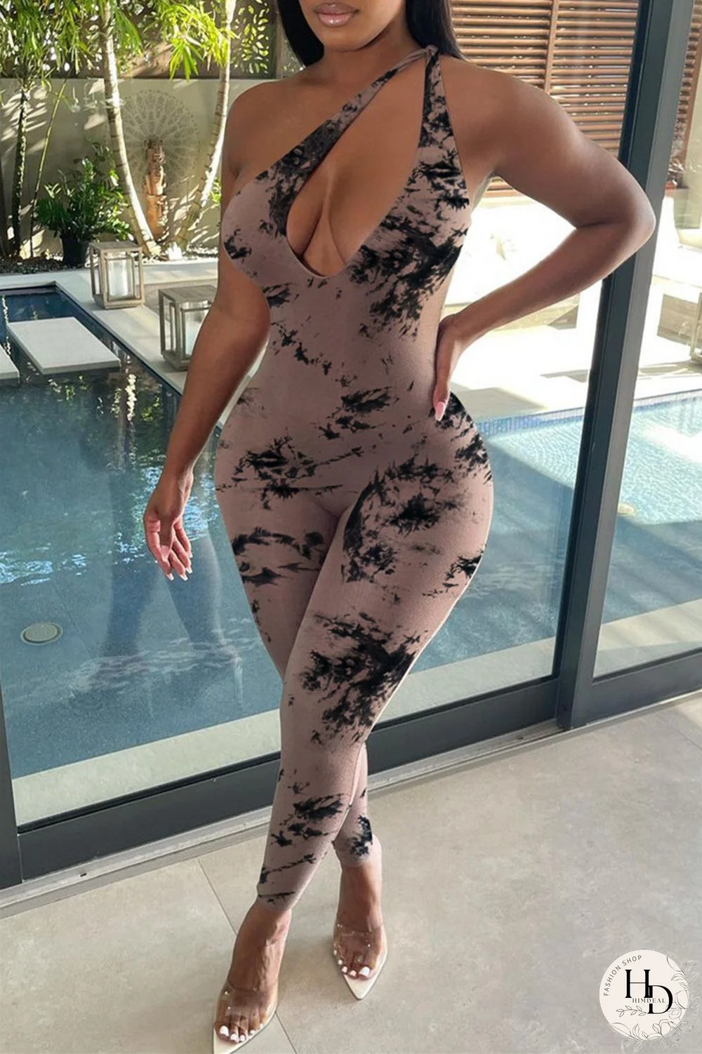 Grey Fashion Sexy Print Hollowed Out Backless One Shoulder Skinny Jumpsuits