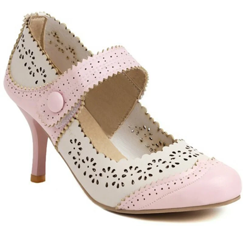 Qengg Office Lady Mary Janes Pumps Hook Loop Cotout High Heels Casual Pink Fashion Vintage Heeled Summer Shoes Footwear Woman