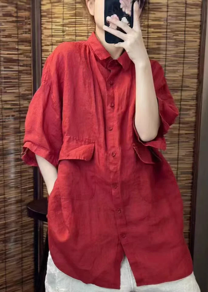 Beautiful Red Oversized Pockets Linen Blouses Summer