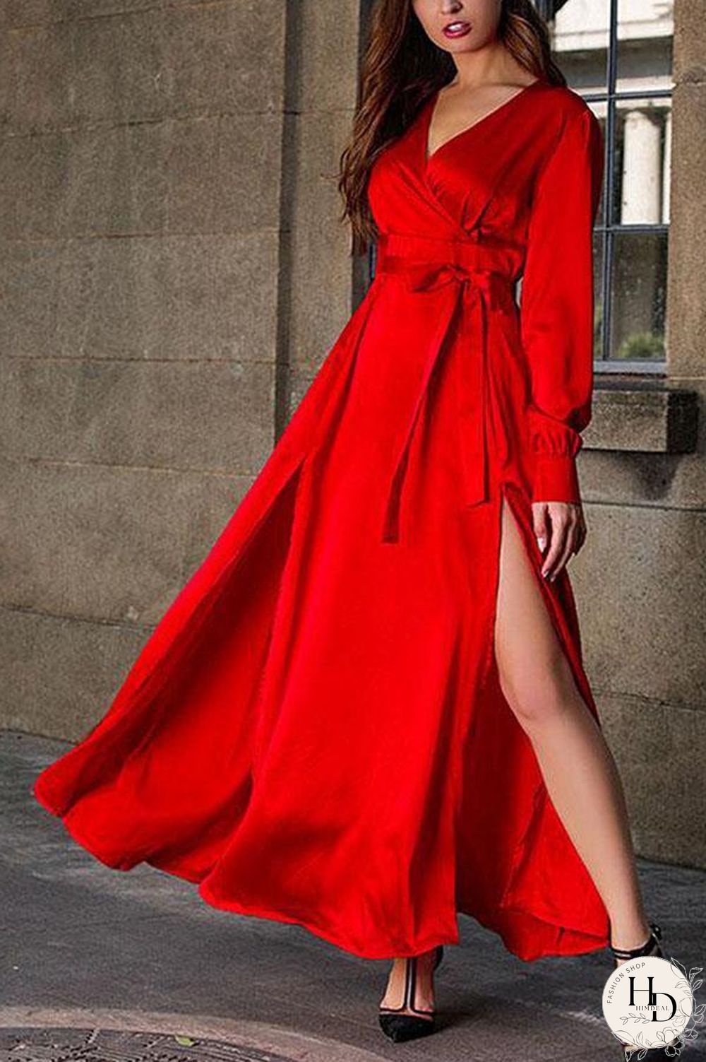 V-Neck Slit Design Sexy Maxi Dress P16338