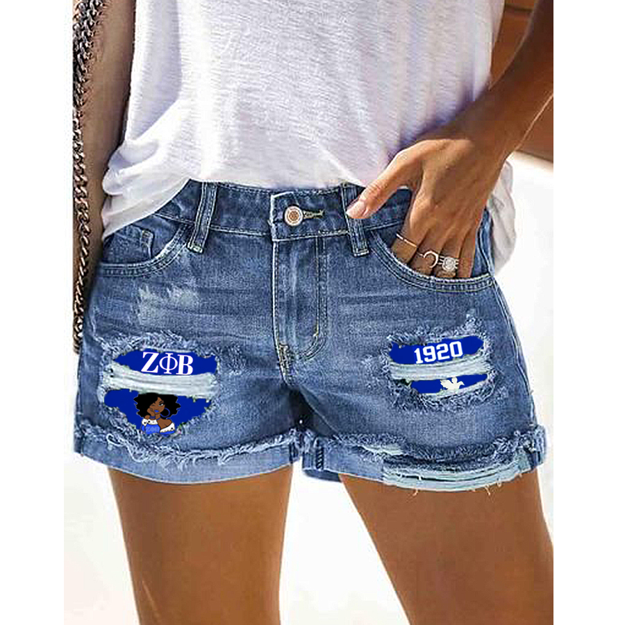 Fashion Print Ripped Denim Shorts